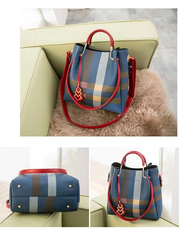 Classic Plaid Stripe Tote Small Plaid Bucket Women Split Leather Handbags Ladies Messenger Bags