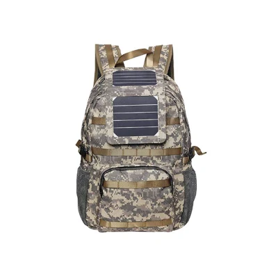 Solarrucksack mit abnehmbarem 5-Watt-Solarpanel, Militärdruck/Camouflage, 5-V-USB-Ausgang zum Aufladen von Smartphones, Powerbanks, Tablets, GPS und anderen USB-Geräten